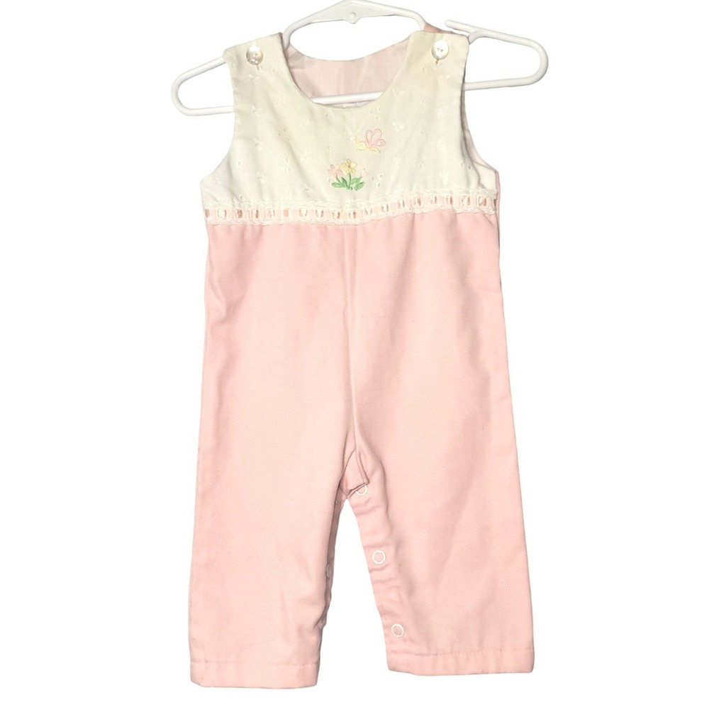 by Thomas Vintage Pink Romper White Eyelet Floral Butterfly Lace  3-6 Months USA